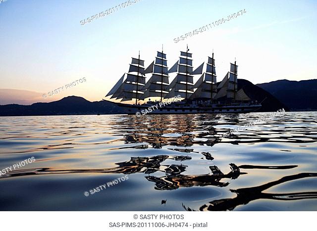 Clipper ship in the sea, Tyrrhenian Sea, Lipari Islands, Province of Messina, Sicily, Italy