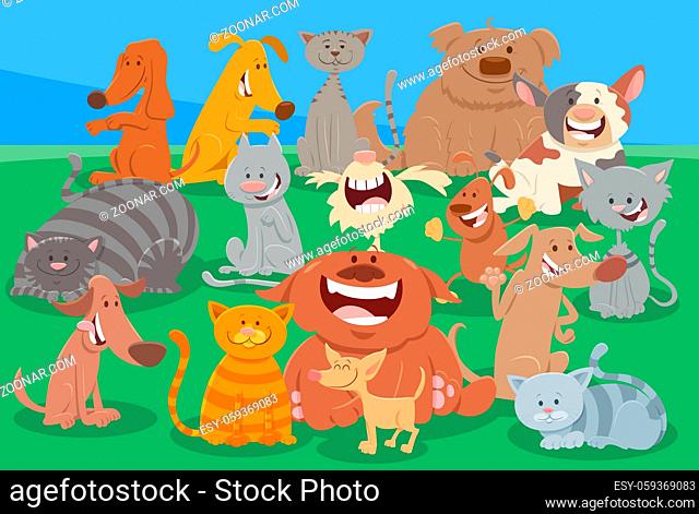 Cartoon illustration of comic dogs and cats comic animal characters group