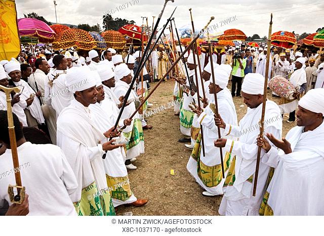 groups of dancers and musicans are celebrating a ritual in front of the priests with the tabot  Timkat ceremony of the ethiopian orthodox church in Addis Ababa...