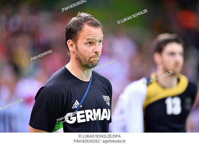 Dagur Sigurdsson, coach of the German handball team reacts during the Men's Handball Preliminary Group B match between Germany and Poland at the Rio 2016...