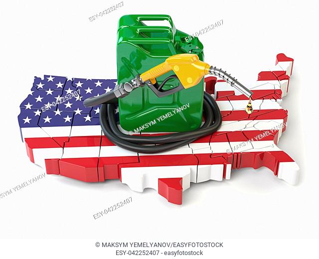 Gasoline and petrol consumption and production in USA. Map of United States with jerrycan and gas pump nozzle. 3d illustration