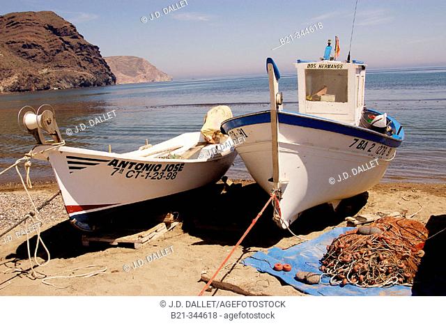 Boats at Isleta del Moro fishing village, Natural Reserve of Cabo de Gata-Níjar. Almería province, Spain