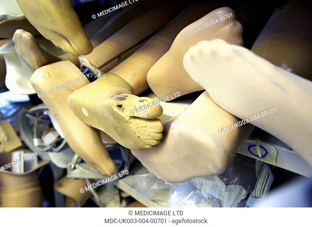 Rows of prosthetic feet, used as templates to create new limbs