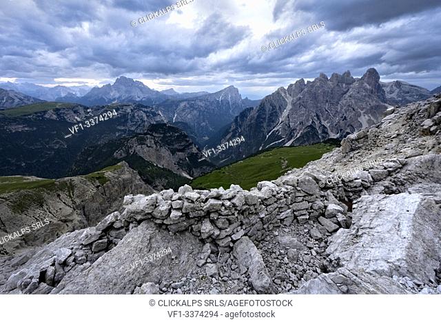 Trench of the Great War on the rocks of the Tre Cime di Lavaredo. Belluno province, Veneto, Italy, Europe