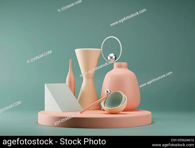 Abstract pastel colored composition of geometric primitive shapes. Balance concept. Stage for product in trendy 3d render style