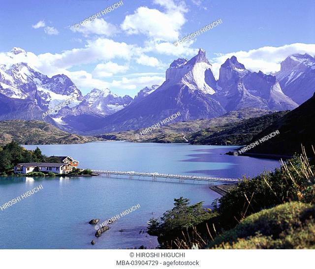 Chile, Patagonia, Torres Del Paine national-park, brine Pehoe house bridge South America Latin America, destination, sight, nature, landscape