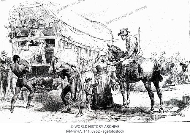 Illustration showing Unrest in Bechuianaland (Botswana): Boers levying unlawful duties on trader's Wagons. Cecil Rhodes helped secure much of Bechuanaland for...