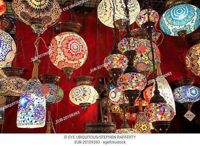Fatih, Sultanahmet, Kapalicarsi, Display of ornate coloured glass lamps in the Grand Bazaar