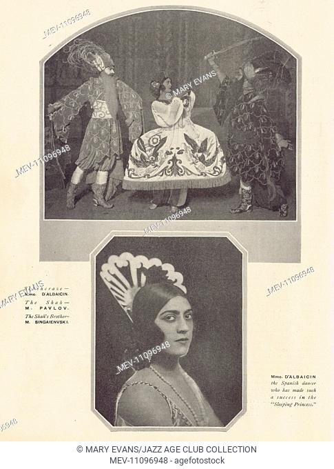 The Russian ballet at the Alhambra, London, 1921 featuring a scene from Scheheraze with Mme D'Albaicin, Pavlov and Singaienvski and a portrait of the Spanish...