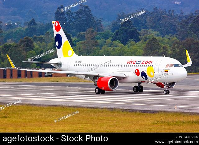 Medellin, Colombia ? January 25, 2019: Vivaair Airbus A320 airplane at Medellin airport (MDE) in Colombia