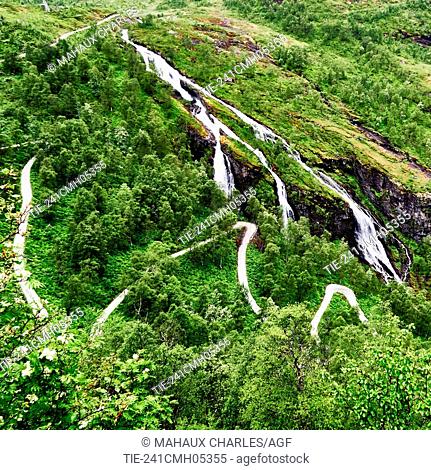 Europe; Norway; Scandinavia; Aurlandsfjorden; looking down at mountain pass road leading to Flam, Norway from popular viewpoint Dalsnibba