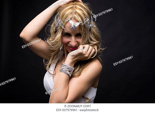 Aphrodite, Beautiful greek blonde woman, mythology, dressed in white silk dress and laurel wreath handmade with silver