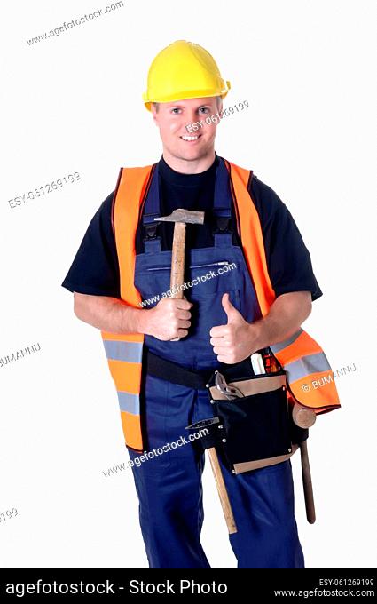 Portrait of a young craftsman, worker, fitter against white background