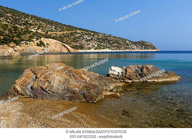 Rock formations at Vlychada beach on Fourni island, Greece.