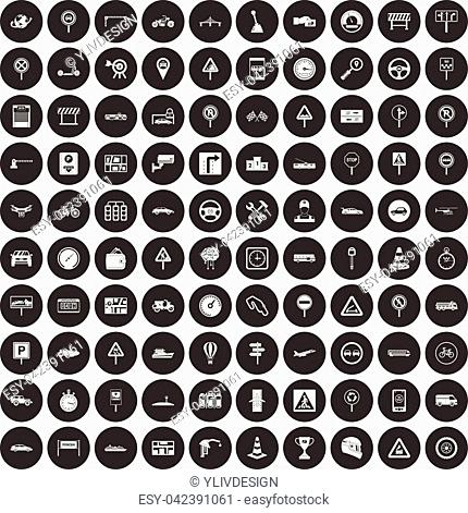 100 traffic icons set in simple style white on black circle color isolated on white background vector illustration