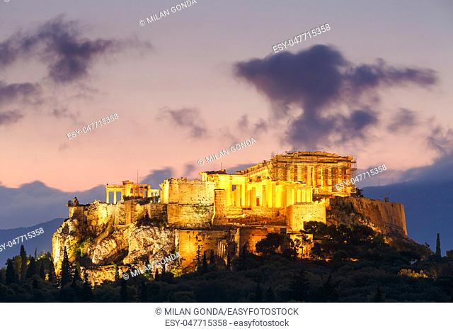 Morning view of Acropolis from Pnyx in Athens, Greece.