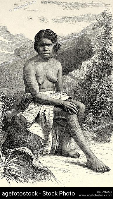 Native Australian Aboriginal woman from Maryborough, Central Queensland, Australia. Old 19th century engraved illustration