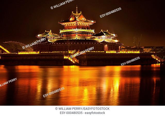 Ancient Temple Night Reflection Bridge Jinming Lake Kaifeng China Kaifeng was the capital of the Song Dynasty, 1000 to 1100AD