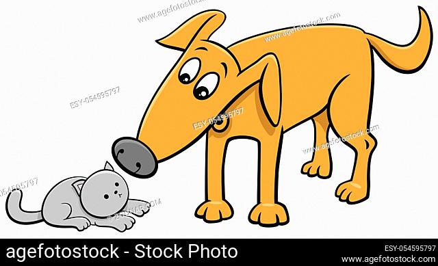 Cartoon Illustration of Funny Dog and Little Kitten