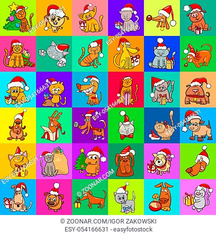Cartoon Illustration Design of Dogs and Cats Characters at Christmas Time
