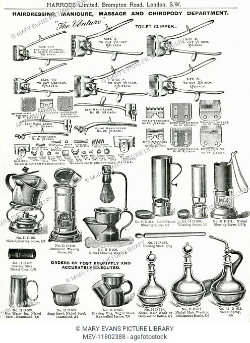 Trade catalogue for Harrord's department store, showing a selection of clippers and nickel, antisptic, jugs, soap bowl, shaving mug