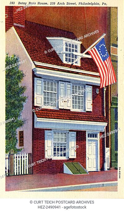 Betsy Ross House, 239 Arch Street, Philadelphia, Pennsylvania, USA, 1937. Vintage linen postcard showing the house where Betsy Ross is said to have made the...
