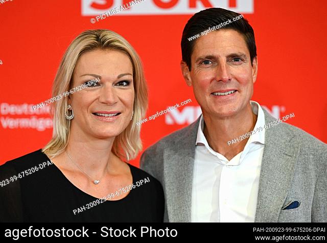 23 September 2020, Hessen, Frankfurt/Main: Maria Höfl-Riesch, Olympic ski champion, and husband Marcus Höfl, sports manager