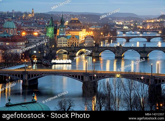 Czech Republic, Prague, view from Hanavsky Pavilion to Prague bridges, Charles Bridge
