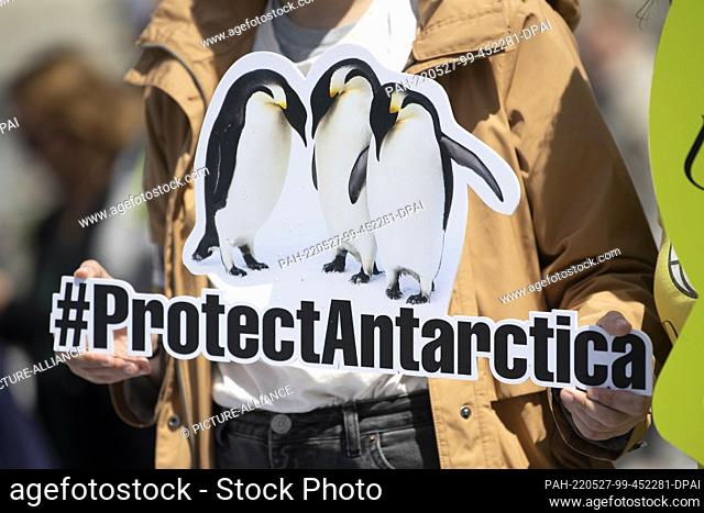 27 May 2022, Berlin: At a rally for the protection of Antarctica in front of the Brandenburg Gate, a participant holds a sign reading ""#ProtectAntarctica
