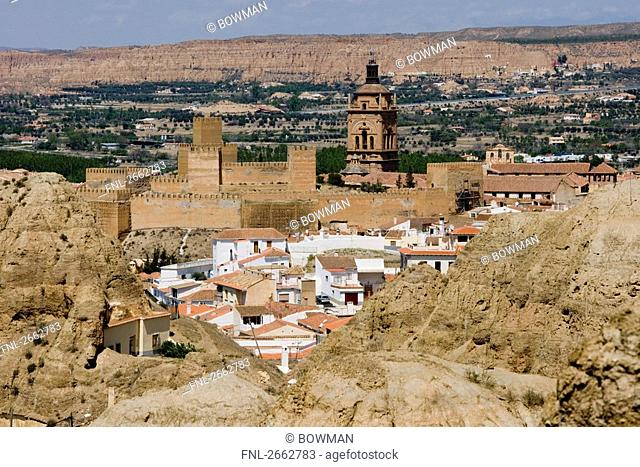 High angle view of fort, Barrio de Santiago, Barrio de las Cuevas, Guadix, Granada, Andalusia, Spain