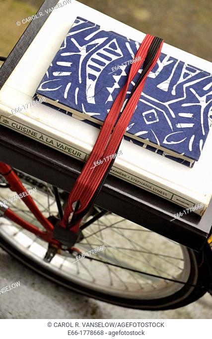 books on rear bike rack of fold-up bicycle