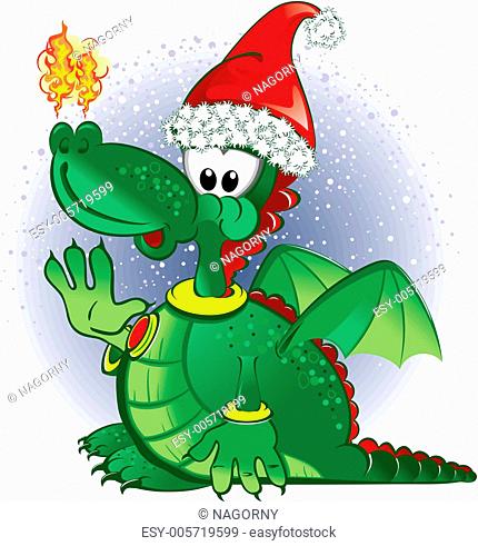 Green funny dragon wearing a Santa hat