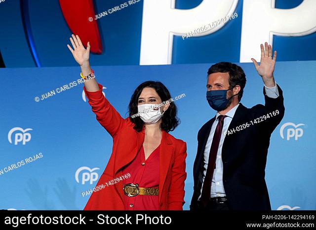 Madrid, Spain; 04.05.2021.- Ayuso and the party leader Pablos Casado..Isabel Diaz Ayuso wins the elections of the Community of Madrid
