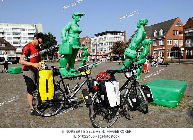 Cyclists at Westerland Station, pieces of art, Sylt, North Frisia, Schleswig-Holstein, Germany, Europe