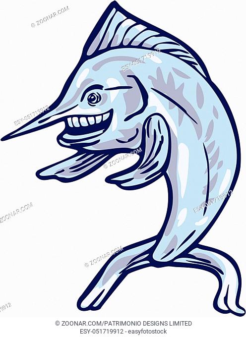 Illustration of a blue marlin fish happy and standing up pointing with fins viewed from the side set on isolated white background done in cartoon style