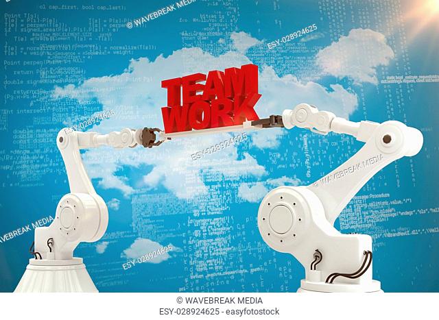 Composite image of mechanical hands holding team work message on blue background