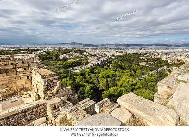 Panorama of Athens, Greece, from the Acropolis, an ancient citadel located on a rocky outcrop above the city and famous landmark in Athens, Greece