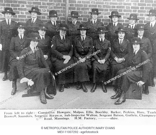 Group photo, women police officers in uniform, Women Police Service (WPS), on security duty at a Munitions Factory during the First World War