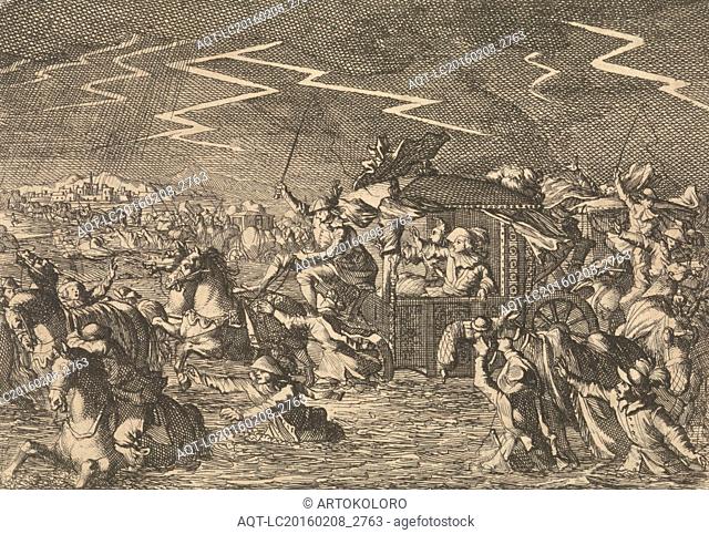 King Louis XIII caught up in floods and windstorms near Narbonne, France 1632, Caspar Luyken, Pieter van der Aa I, 1698