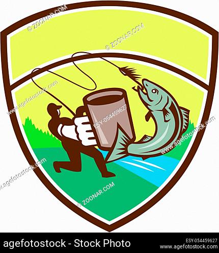 Illustration of a fly fisherman fishing holding mug hooking salmon jumping viewed from the side set inside shield crest with river sea and trees in the...