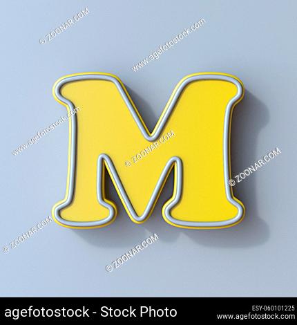 Yellow cartoon font Letter M 3D render illustration isolated on gray background