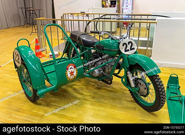 Moscow, Russia - November 10, 2018: Sport bike Ural 8.201 with sidecar (made in 1985) at the exhibition of old and rare cars