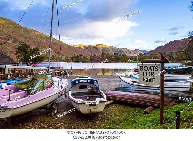 Boats for hire on the shore of Ullswater near Glenridding in the Lake District National Park, Cumbria, England