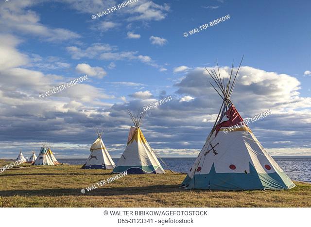 Canada, Quebec, Gaspe Peninsula, Gesgapegiag, Mic-Mac First Nations tee-pees by the Baie des Chaleurs