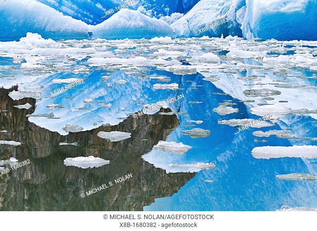 Glacial iceberg detail reflected in calm water from ice calved off the South Sawyer Glacier in Tracy Arm, Southeast Alaska, USA, Pacific Ocean