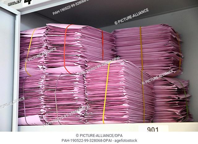 17 May 2019, Mecklenburg-Western Pomerania, Rostock: Envelopes with completed ballot papers for the European elections on 26.05