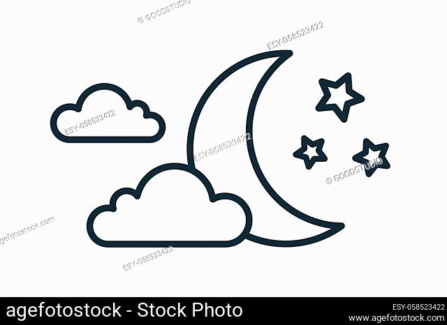 Simple weather icon with half moon or waning crescent with stars in cloudy sky. Symbol of night time in line art style. Linear flat vector illustration isolated...