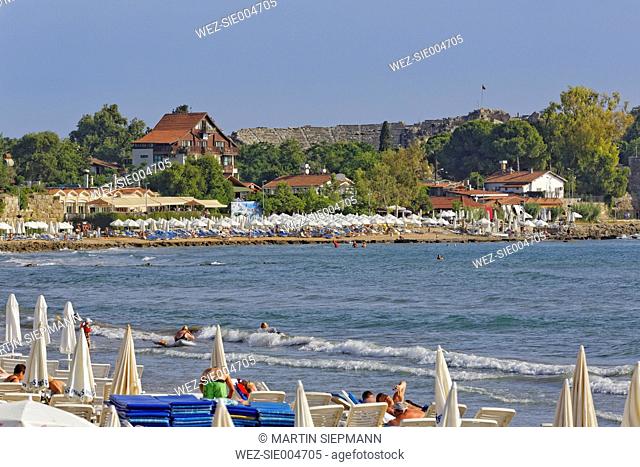 Turkey, Side, Crowded beach and amphitheater