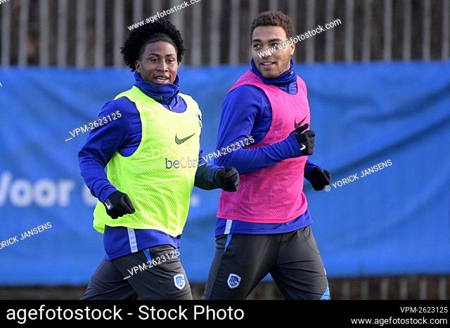 Genk's Angelo Preciado and Genk's Cyriel Dessers pictured during a training of Belgian soccer team KRC Genk, in Genk, Wednesday 13 January 2021