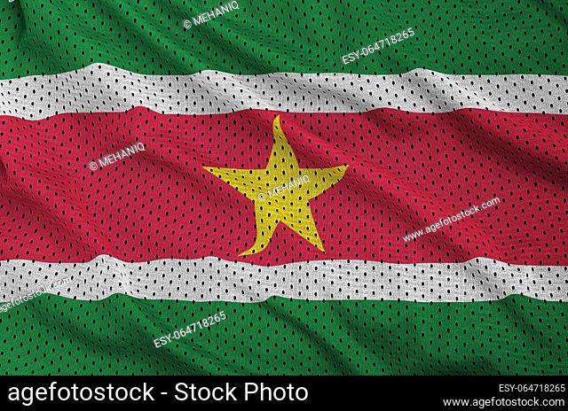 Suriname flag printed on a polyester nylon sportswear mesh fabric with some folds